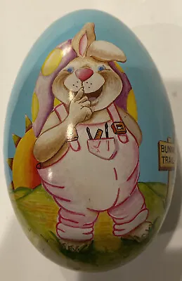 Lithograph Tin Easter Egg Candy Holder Bunny Trail 5” Long X 3” Tall Adorable • $12.10