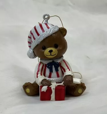 Vtg CANDY CANE Striped TEDDY BEAR Unwrapping Present Plastic Christmas Ornament • $14.78