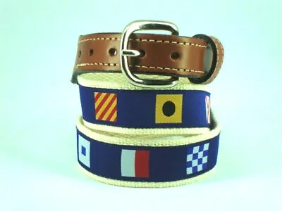 Mens Leather Canvas Nautical Code Flag Code Flags Woven Belt RUNS BIG • $19.99