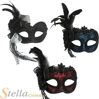 Adult Masquerade Ball Feather Face Eye Mask On Headband Fancy Dress Accessory • £13.49