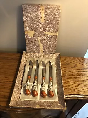 Vtg A.e. Lewis & Co Floraine Orange Handle Butter Knives N Box Four England Rare • $49.99