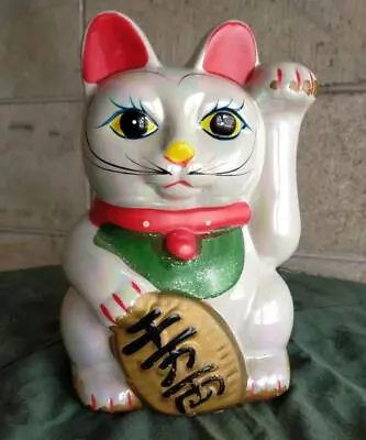 MANEKI NEKO Lucky Beckoning Cat Pottery Statue 8.2 In Japan Vintage Figurine • $172