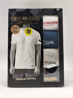 TRUE RELIGION 4 Pack Men's M Cotton Crew Neck Logo T Shirt Navy Gray White Black • $29.95