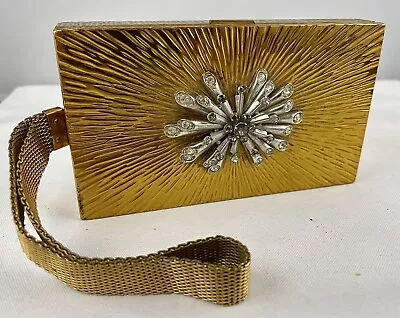 Art Deco Rect Textured Goldtone Minaudiere Or Vanity Case Silvertone Rhinestone • $90