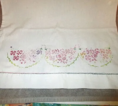 Handmade EMBROIDERED Pillowcase KING SIZE Linen Muslin FLOWERS Vintage • $16.77