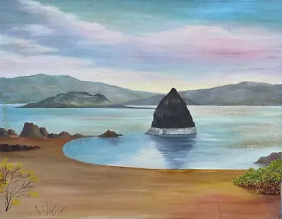 Vintage Haystack Horn Rock Beach Seascape Oil Painting Low Tide Islands Original • $40