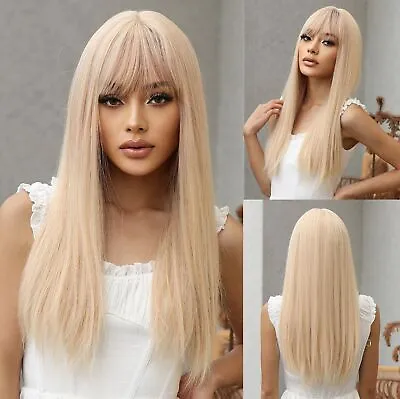 UK 24inch Cosplay Wig With Bangs Long Straight Blonde Heat Resistant Hair Women • £15.19