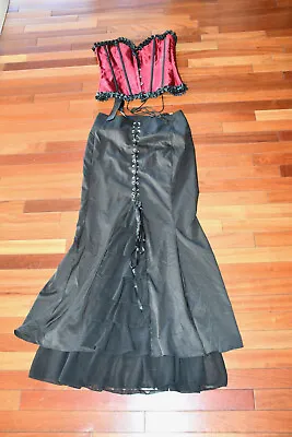 Gothic Steampunk Victorian Black Skirt Burgundy Corset Long Maxi Skirt Sz L • $49.99