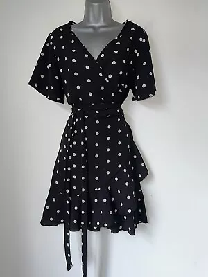 Fab Shein Floaty Black Polka Dot Wrapover Summer Dress Sz 16 • £7.19