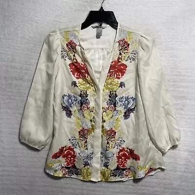 H&M Button Top Womans 4 Metallic Beige Floral Long Sleeve Polyester V Neck • $6.49