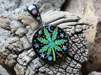 Weed Marijuana Galaxy Night Sterling Silver 925 Gemstone Micro Inlay Pendant O90 • $79.95