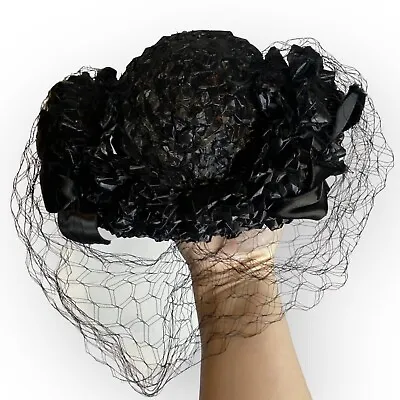 Vintage March Hats New York Cellophane Hat W Veil Black Funeral Formal Headcover • $34.99