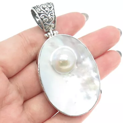 925 Sterling Silver Vintage Real Blister Pearl Oval Pendant • $128.99