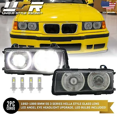 BRIGHTEST LED Angel Halo + X4 H1 LED+ Euro GLASS Projector Headlight For BMW E36 • $404.96