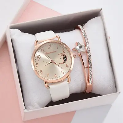 Watch And Bracelet Set Ladies Women Girls Fashion Leather Strap Wristwatch Gift • £4.37