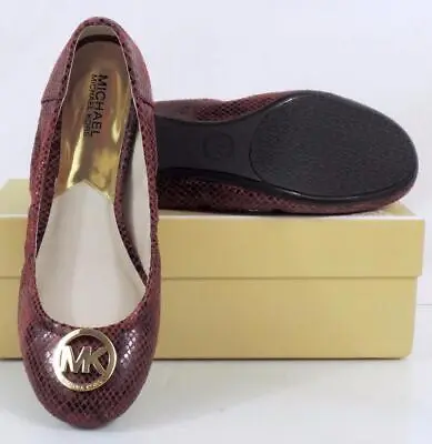 Michael Kors FULTON BALLET Flats MK Logo Leather Red Cinnabar Embossed Size 9.5 • $135