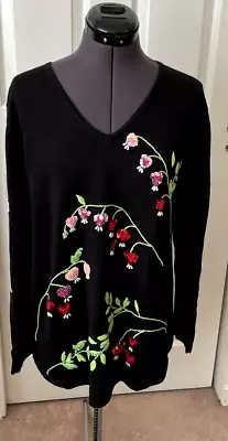 QUACKER FACTORY Black Embroidered Flowers Sequins Pearls Long Slv Sweater Top L • $15.99