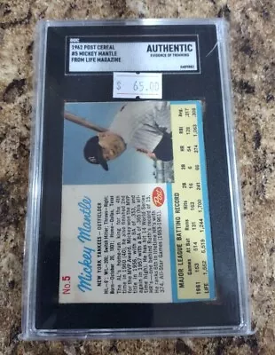 1962 POST CEREAL HAND CUT #5 MICKEY MANTLE  SGC Authentic Trimmed (Cracked Case) • $42.90