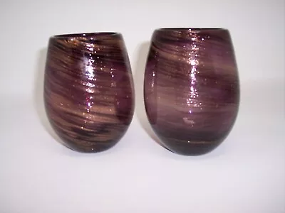 MURANO Glass Gold Swirl On Amethyst Pair Of Barrel Shaped Tumblers Glasses  MCM • $50