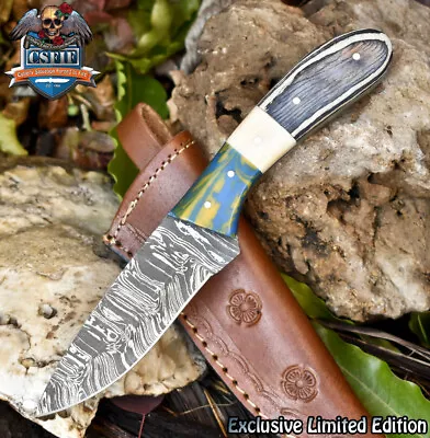 CSFIF Forged Skinner Knife Twist Damascus Bone And Wood Micrata Bolster EDC • $2.25