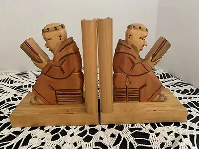 Vintage Set 2 Hand Carved Wooden Monk Bookends Religious Bible Folk Art Germany • $29.99