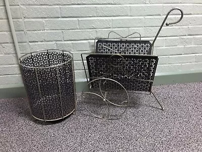 Vintage Punched Metal Mesh Cart Magazine Rack Trash Can Bin 2 Piece Set Rare  • $145