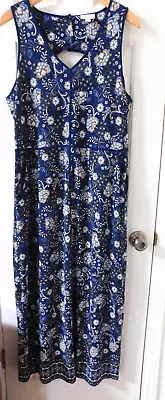 J. Jill Ss Maxi Dress Keyhole Back Navy Blue Floral  Paisley Pockets Women's LT • $12
