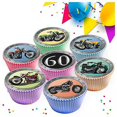 Happy Birthday 60th Motor Bikes Age 60th Edible Cupcake Toppers Decorations 9583 • £2.99