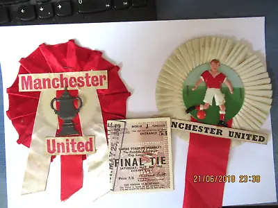 £10 • Buy Vintage Football Rosette & Ticket Manchester United Fa Cup Final 1963