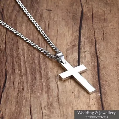 Mens Chain Necklace Silver Cross Pendant Rosary Jesus Men's Stainless Steel Love • £8.95