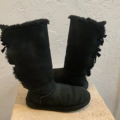 Ugg Bailey Bow Tall II Womens Size 9 Black Classic Outdoor Sheepskin Boots 3388 • $39.99