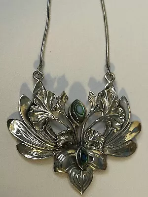 Vintage Signed 925 Silver & Abalone Large Art Nouveau Style Bib Necklace • £25