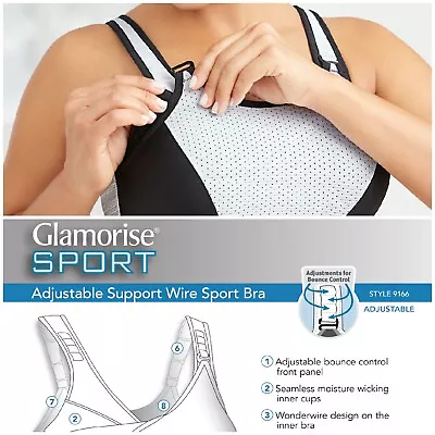 Glamorise UNDERWIRE SPORT Bra (Adjust Support Low-High-Impact) Wicks! White NEW • $22.95