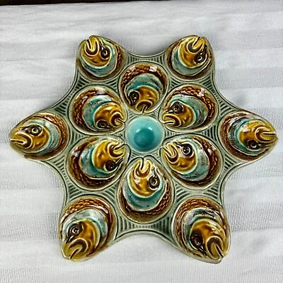 1890s Majolica Fish Heads Oyster Plate French Ceramic Palissy Star Platter • $899.99