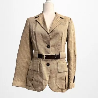 Vintage Y2K Zara Safari Style Linen Blend Tan Belted Blazer • $55