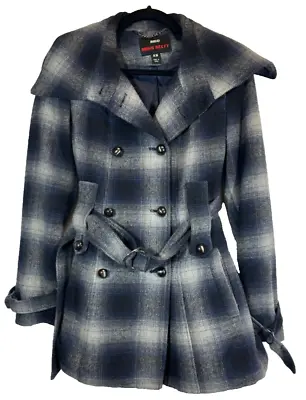 M60 MISS SIXTY WOMEN XS BLUE PLAID WINTER JACKET BELTED PEACOAT Coat Wool Blend+ • $34.99