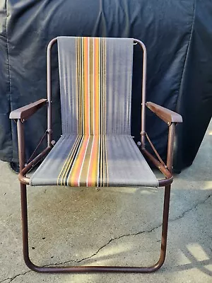 Vintage Folding Lawn Chair  *Airstream * Retro- Brown Gold Orange Stripes • $65.99