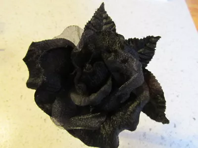 Millinery Flower Rose All Black Velvet And Organza 4 1/2” W/velvet Leaves   G93 • $5.99