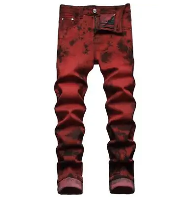 Mens Wine Red Denim Cotton Jeans Straight Leg Casual Punk Hip Hop Pants Trousers • $39.59