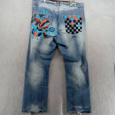 Akademiks Jeans Mens 42 Blue Graffiti Embroidered Urban Streetwear Baggy Y2K • $49.99