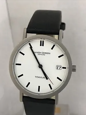 Danish Design Men’s White Dial Date Titanium Black Leather Strap Watch IQ14Q323 • $99.46