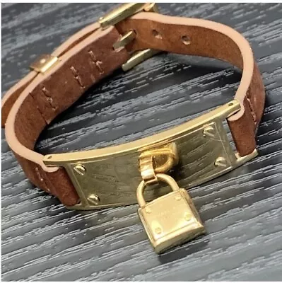 Michael Kors Brown Leather Pad Lock Bracelet Gold Tone Wrist Watch Style 6-7.5” • $46.99