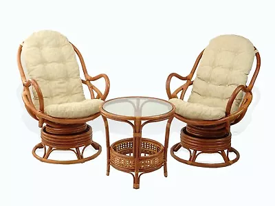 Lounge Java Set Of 2 Swivel Rocking Chairs Wicker Rattan And Coffee TableCognac • $1162.50