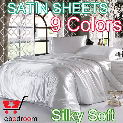 Luxury Soft Silky Satin Fitted Flat Pillowcases Bed Sheet Set SB/DB/QB/KB/KSB • $48