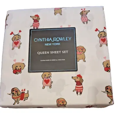 Cynthia Rowley Queen Sheet Set With Dachshunds Hearts Cupid • $39.95