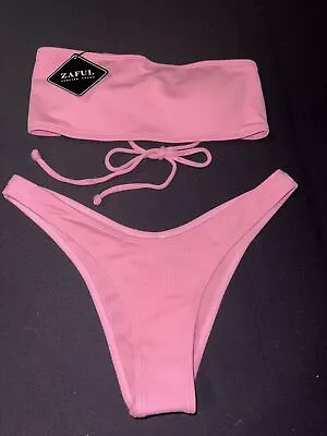 NWT ZAFUL Bikini Bathing Suit Bandeau Top High Waisted Bottoms Ribbed Pink 8/ L • $14.99