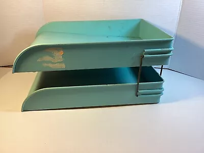 Vintage 1950s Industrial Turquoise Office Desk 2 Tier Tray Paper Letter Holder • $35