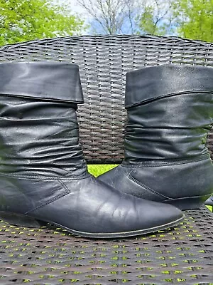 Vtg 80s-90s Mid Calf Black Leather Slouch Boots 9M C • $20