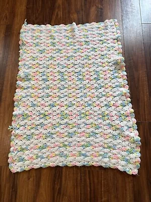 Handmade Crocheted Baby Blanket Afghan White Pink Green Yellow 34  X 27  READ • $17.99