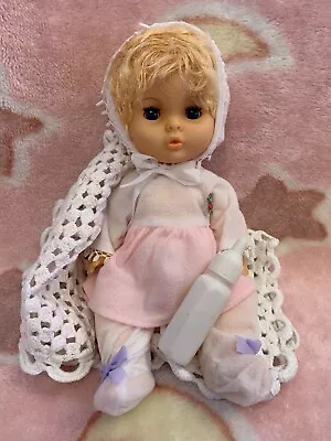 Sweet Vintage Doll 1970s Plastic Baby With Rug & Bottle 30cm Like New Blonde • $20